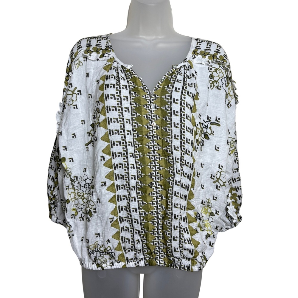 Liverpool White Batik Floral Ruffle Sleeve Dolman Popover Blouse Top Womens XS